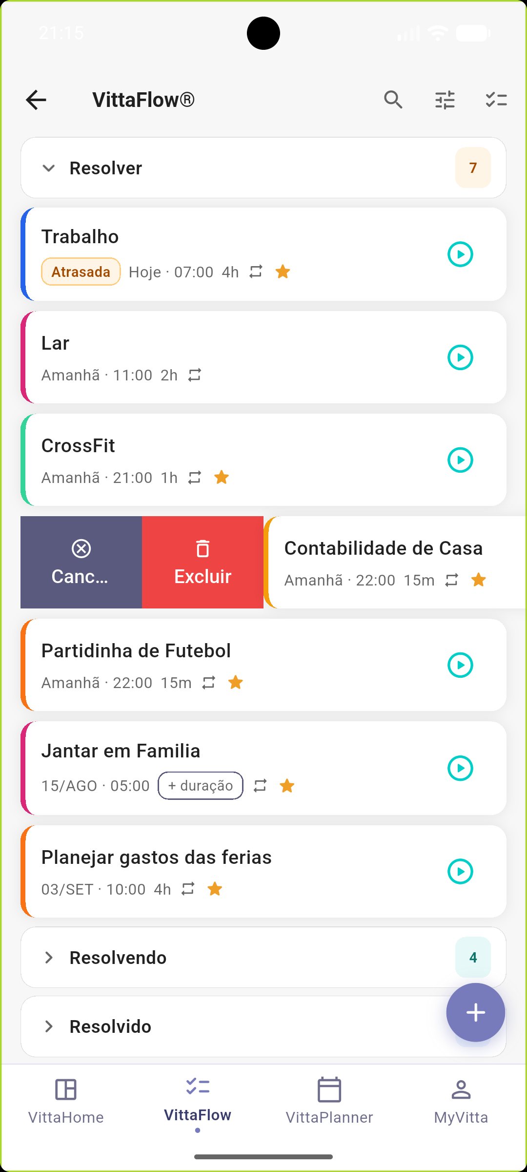 VittaFlow®: tarefas em Resolver, Resolvendo e Resolvido