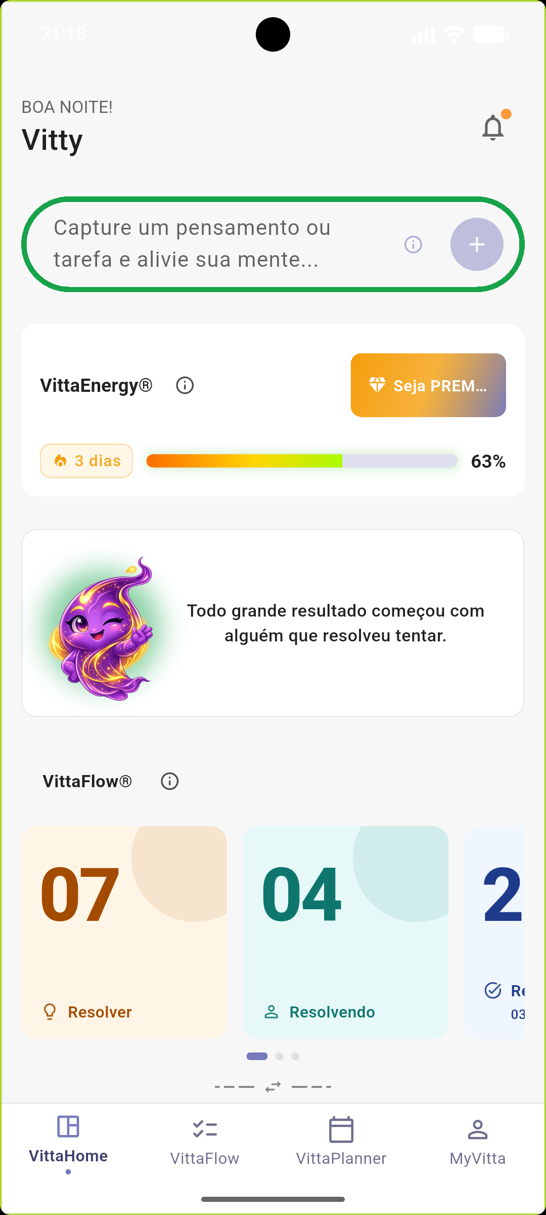 Tela inicial do Modo Vitta®: VittaEnergy, captura rápida e fluxo de tarefas