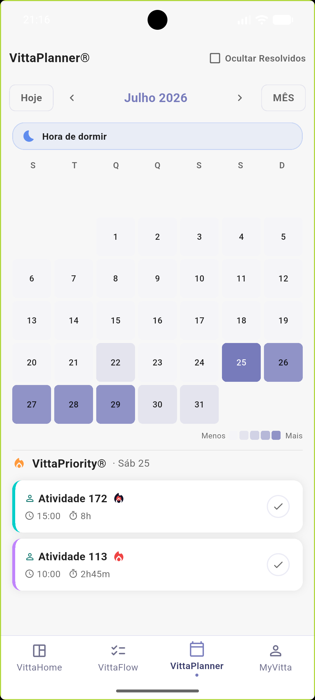 VittaPlanner®: calendário do mês com intensidade por dia